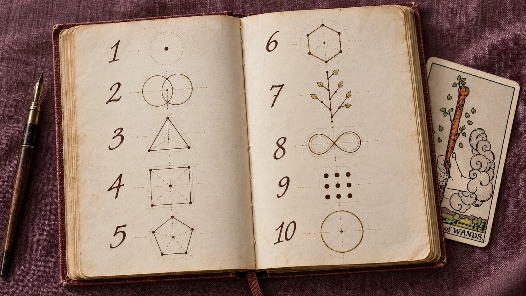 An open notebook with the numbers 1 to 10 handwritten down its pages, each beside a simple geometric drawing, with a fountain pen on one side and the Ace of Wands on the other, on plum linen.